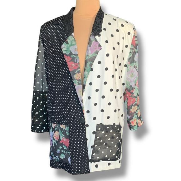 Vintage 90s Black Oversized Blazer Jacket Patchwork Polka Dot Floral Lace Collar - Picture 9 of 9